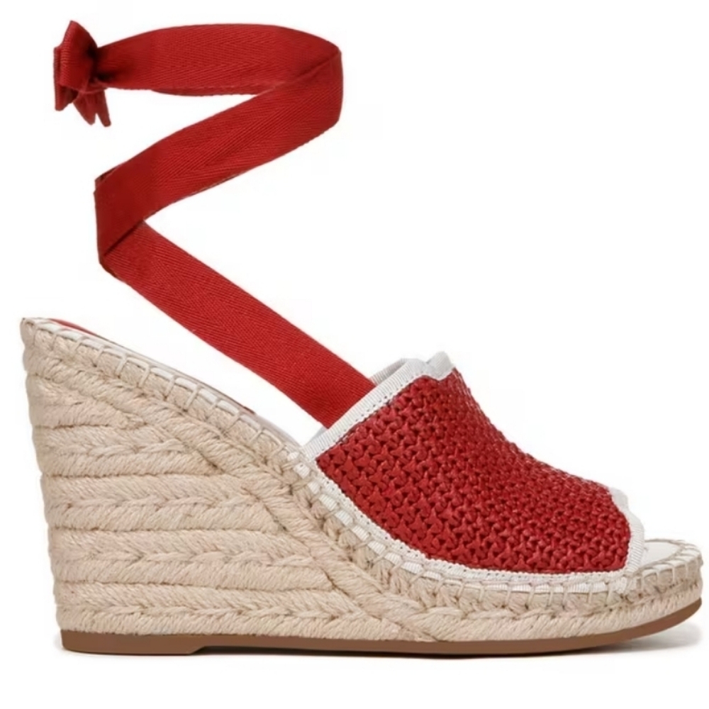 Red Woven Espadrille Wedge Sandals with Ankle Tie